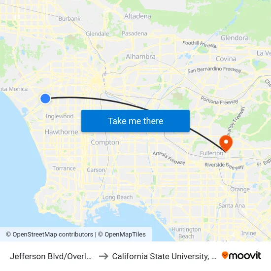 Jefferson Blvd/Overland Ave to California State University, Fullerton map