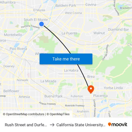 Rush Street and Durfee Avenue to California State University, Fullerton map