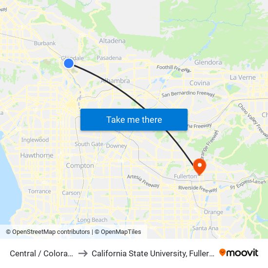 Central / Colorado to California State University, Fullerton map