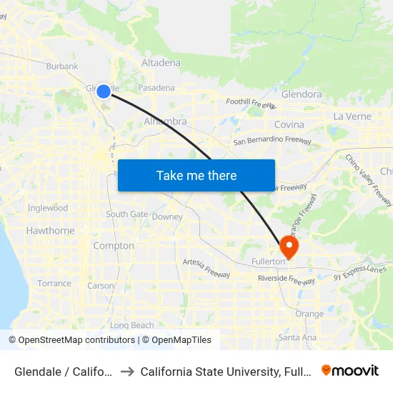 Glendale / California to California State University, Fullerton map