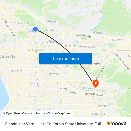 Glendale at Verdugo to California State University, Fullerton map