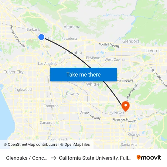 Glenoaks / Concord to California State University, Fullerton map