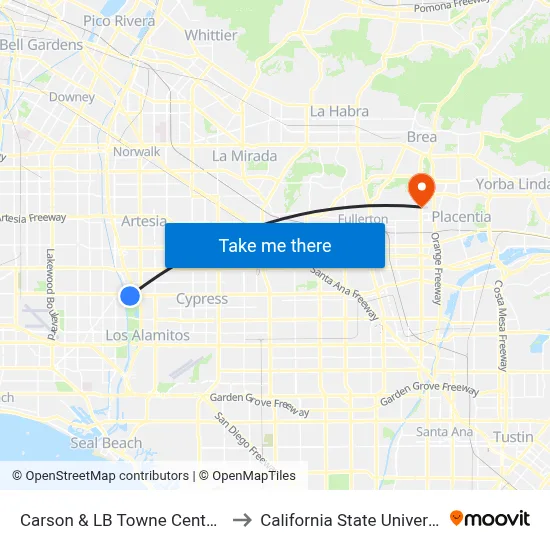 Carson & LB Towne Center - Walmart SE to California State University, Fullerton map