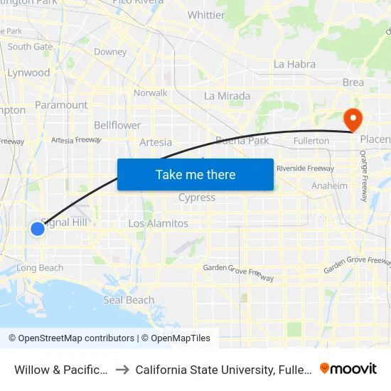 Willow & Pacific SE to California State University, Fullerton map