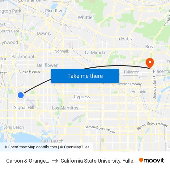 Carson & Orange SE to California State University, Fullerton map