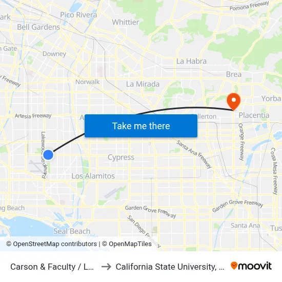 Carson & Faculty / LBCC NE to California State University, Fullerton map