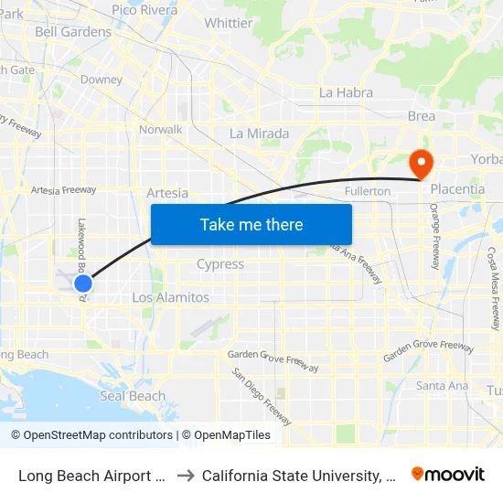 Long Beach Airport / Lot A to California State University, Fullerton map