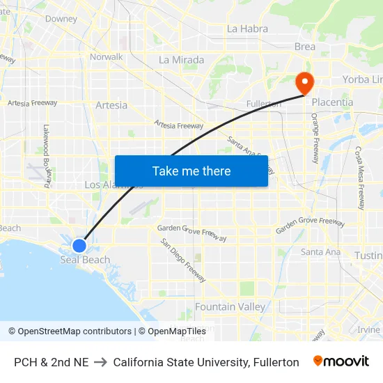 PCH & 2nd NE to California State University, Fullerton map
