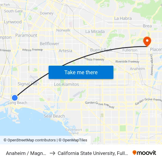Anaheim / Magnolia to California State University, Fullerton map