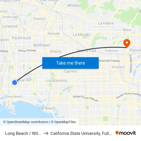 Long Beach / Willow to California State University, Fullerton map