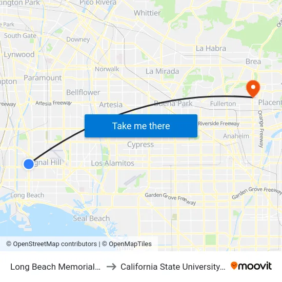 Long Beach Memorial Hospital to California State University, Fullerton map