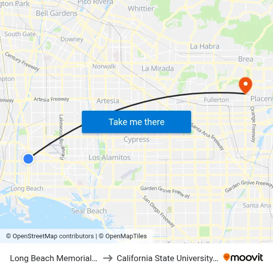 Long Beach Memorial Hospital to California State University, Fullerton map