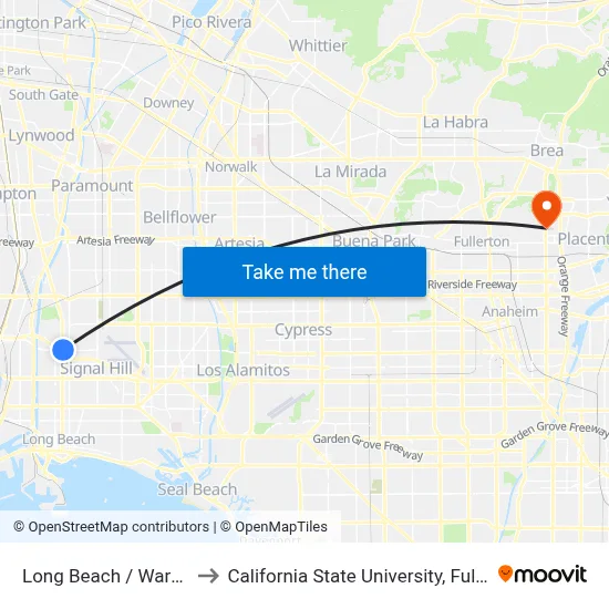 Long Beach / Wardlow to California State University, Fullerton map