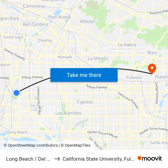Long Beach / Del Amo to California State University, Fullerton map