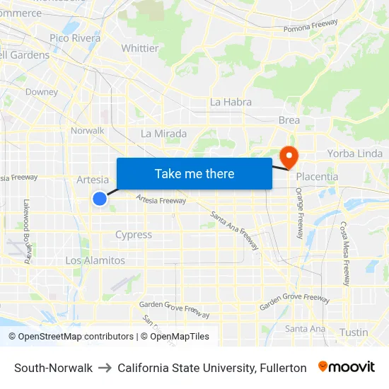South-Norwalk to California State University, Fullerton map