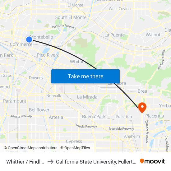 Whittier / Findlay to California State University, Fullerton map