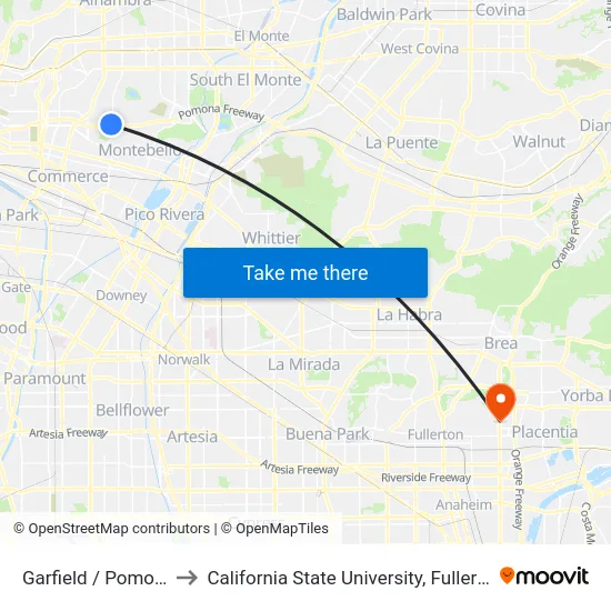 Garfield / Pomona to California State University, Fullerton map