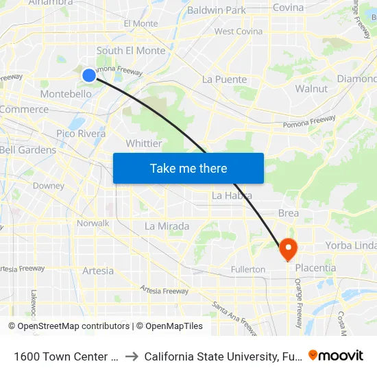1600 Town Center Drive to California State University, Fullerton map