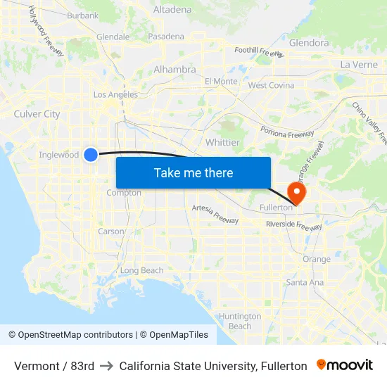 Vermont / 83rd to California State University, Fullerton map