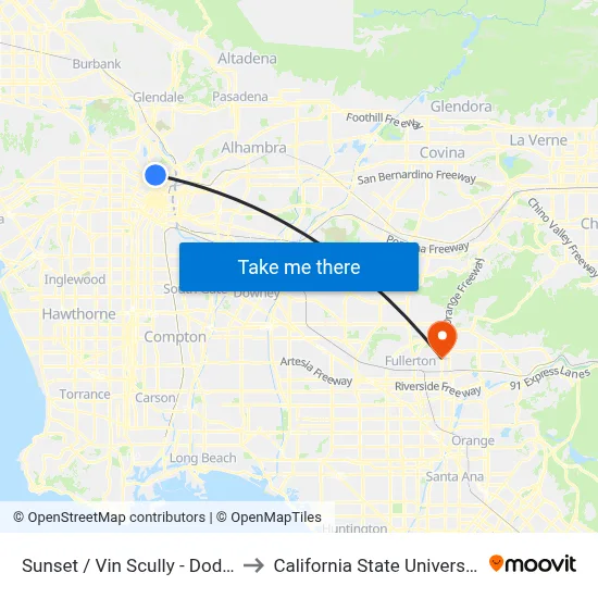 Sunset / Vin Scully - Dodger Stadium to California State University, Fullerton map