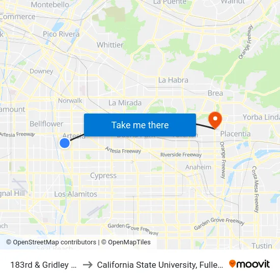 183rd & Gridley Nw to California State University, Fullerton map