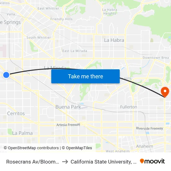 Rosecrans Av/Bloomfield Av to California State University, Fullerton map