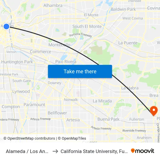 Alameda / Los Angeles to California State University, Fullerton map