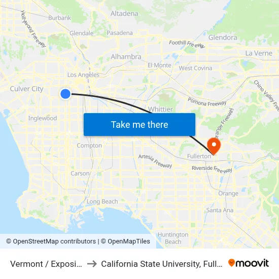 Vermont / Exposition to California State University, Fullerton map