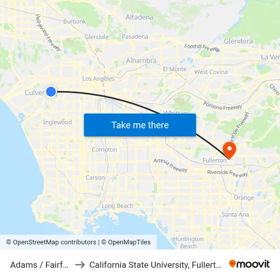 Adams / Fairfax to California State University, Fullerton map