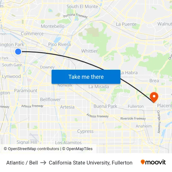 Atlantic / Bell to California State University, Fullerton map