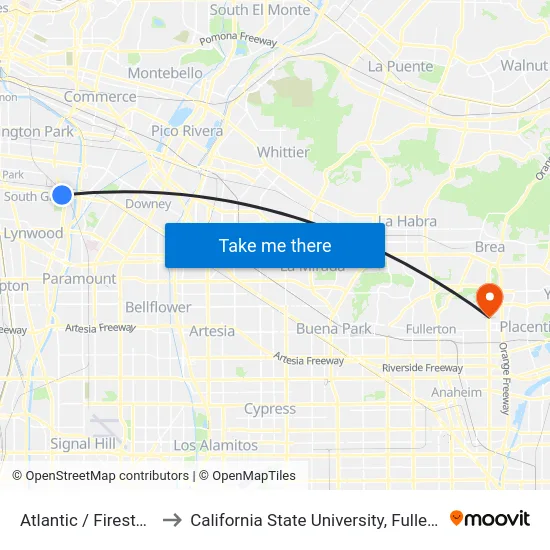 Atlantic / Firestone to California State University, Fullerton map