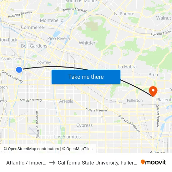 Atlantic / Imperial to California State University, Fullerton map