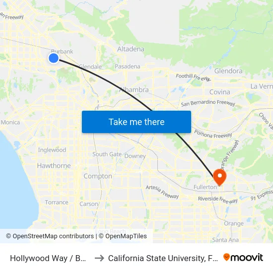 Hollywood Way / Burbank to California State University, Fullerton map