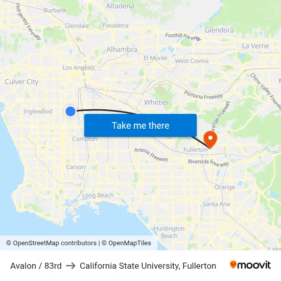 Avalon / 83rd to California State University, Fullerton map