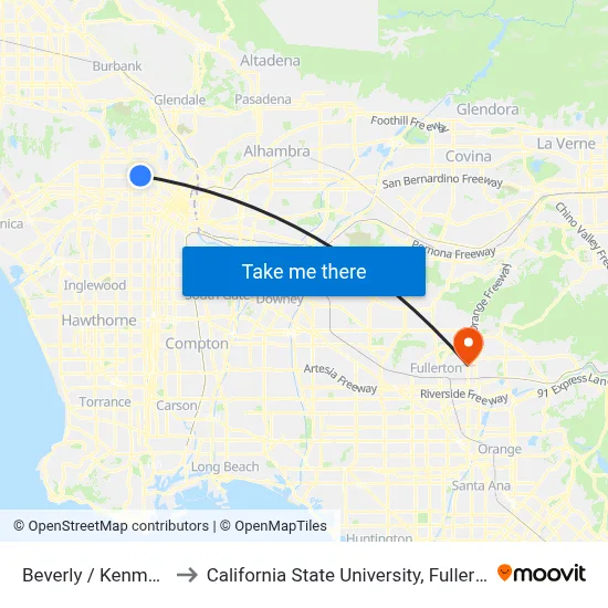 Beverly / Kenmore to California State University, Fullerton map