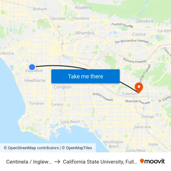 Centinela / Inglewood to California State University, Fullerton map