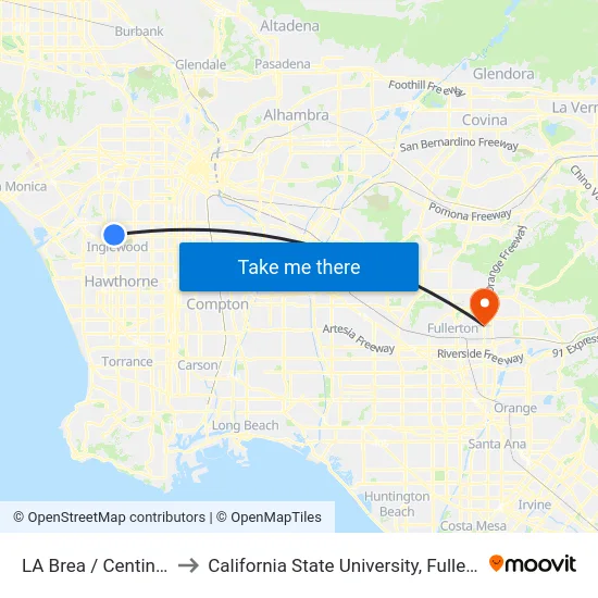 LA Brea / Centinela to California State University, Fullerton map