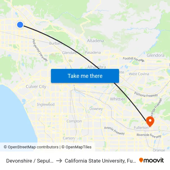 Devonshire / Sepulveda to California State University, Fullerton map