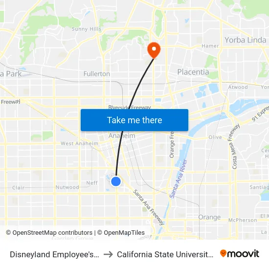 Disneyland Employee's Entrance to California State University, Fullerton map