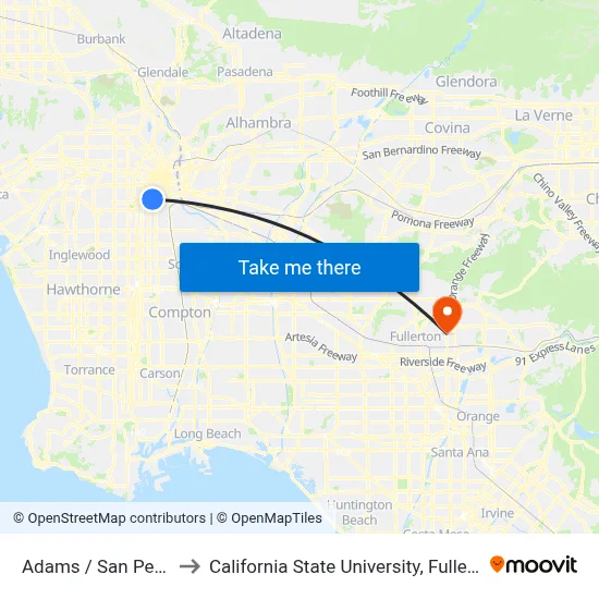 Adams / San Pedro to California State University, Fullerton map