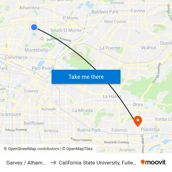 Garvey / Alhambra to California State University, Fullerton map