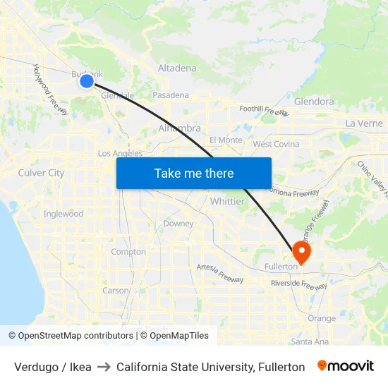 Verdugo / Ikea to California State University, Fullerton map