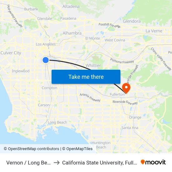 Vernon / Long Beach to California State University, Fullerton map