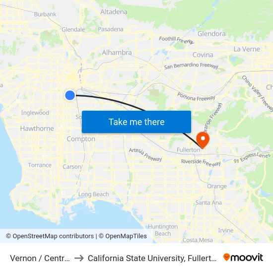 Vernon / Central to California State University, Fullerton map
