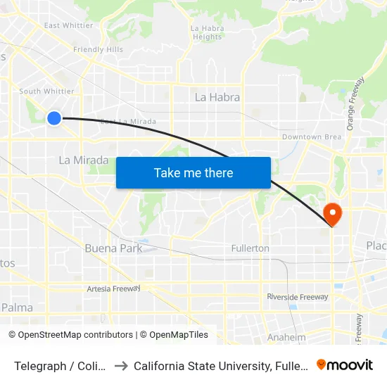 Telegraph / Colima to California State University, Fullerton map