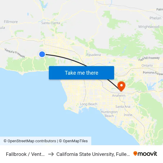 Fallbrook / Ventura to California State University, Fullerton map