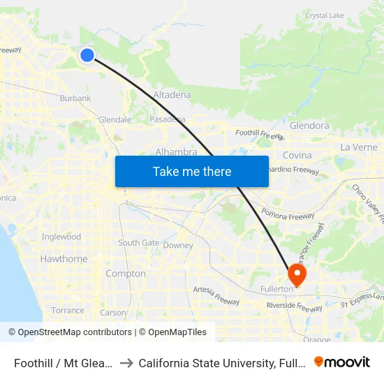Foothill / Mt Gleason to California State University, Fullerton map