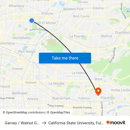 Garvey / Walnut Grove to California State University, Fullerton map