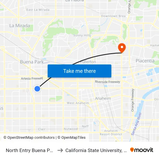 North Entry Buena Park Mall to California State University, Fullerton map