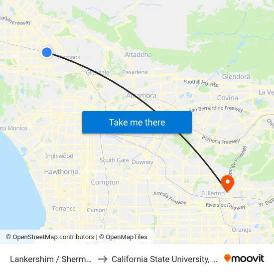 Lankershim / Sherman Way to California State University, Fullerton map